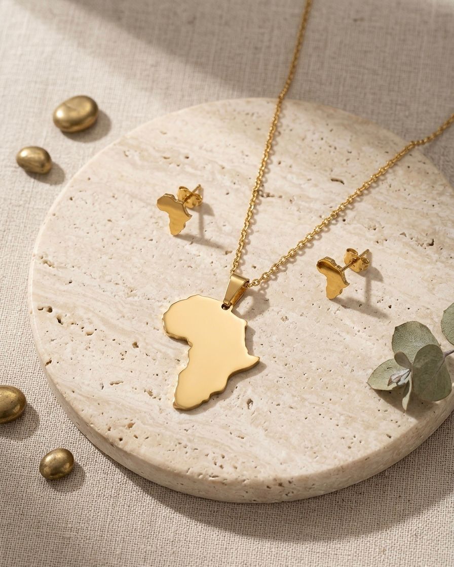 Africa Map Gold-Plated Stainless Steel Necklace & Earrings Set