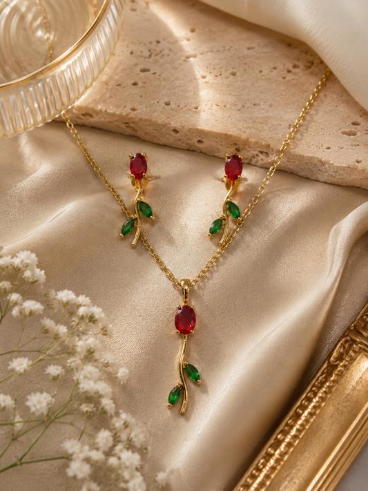 Tulip Bloom Ruby Rose Necklace Set