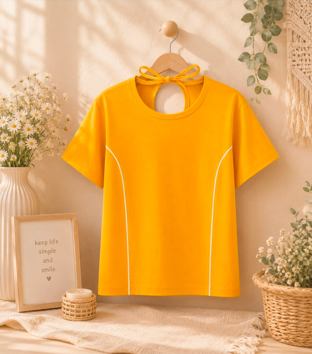 Sunshine Bloom Bow Back Tee – Mustard Yellow