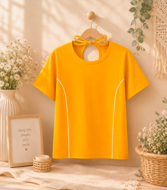 Sunshine Bloom Bow Back Tee – Mustard Yellow