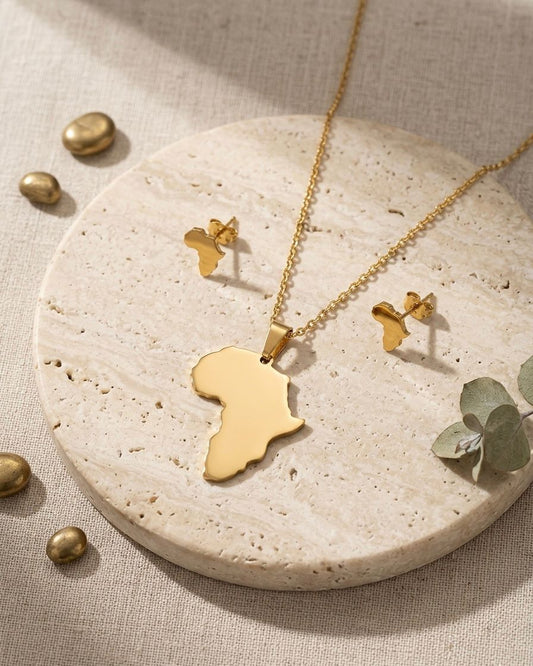 Africa Map Gold-Plated Stainless Steel Necklace & Earrings Set