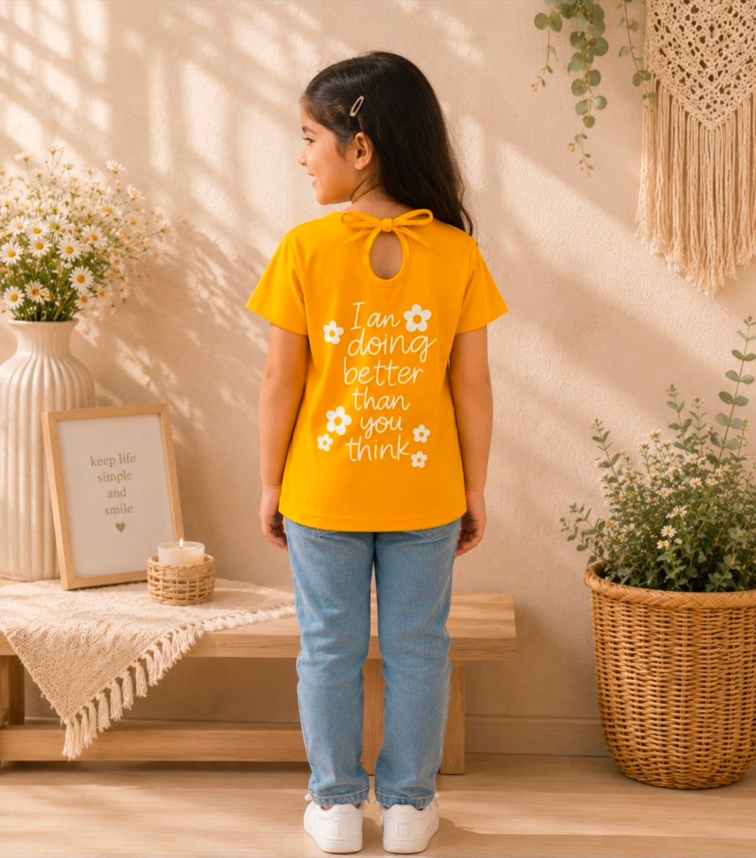 Sunshine Bloom Bow Back Tee – Mustard Yellow