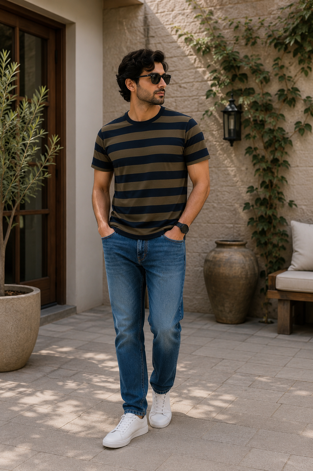 Navy & Olive Striped Essential Tee