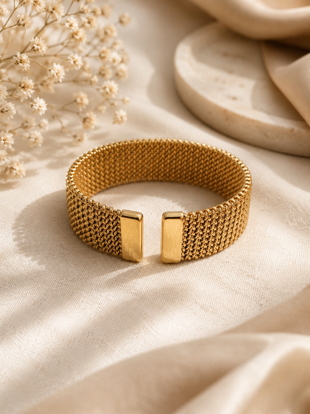 Gold Mesh Cuff Bracelet – Elegant Statement Piece