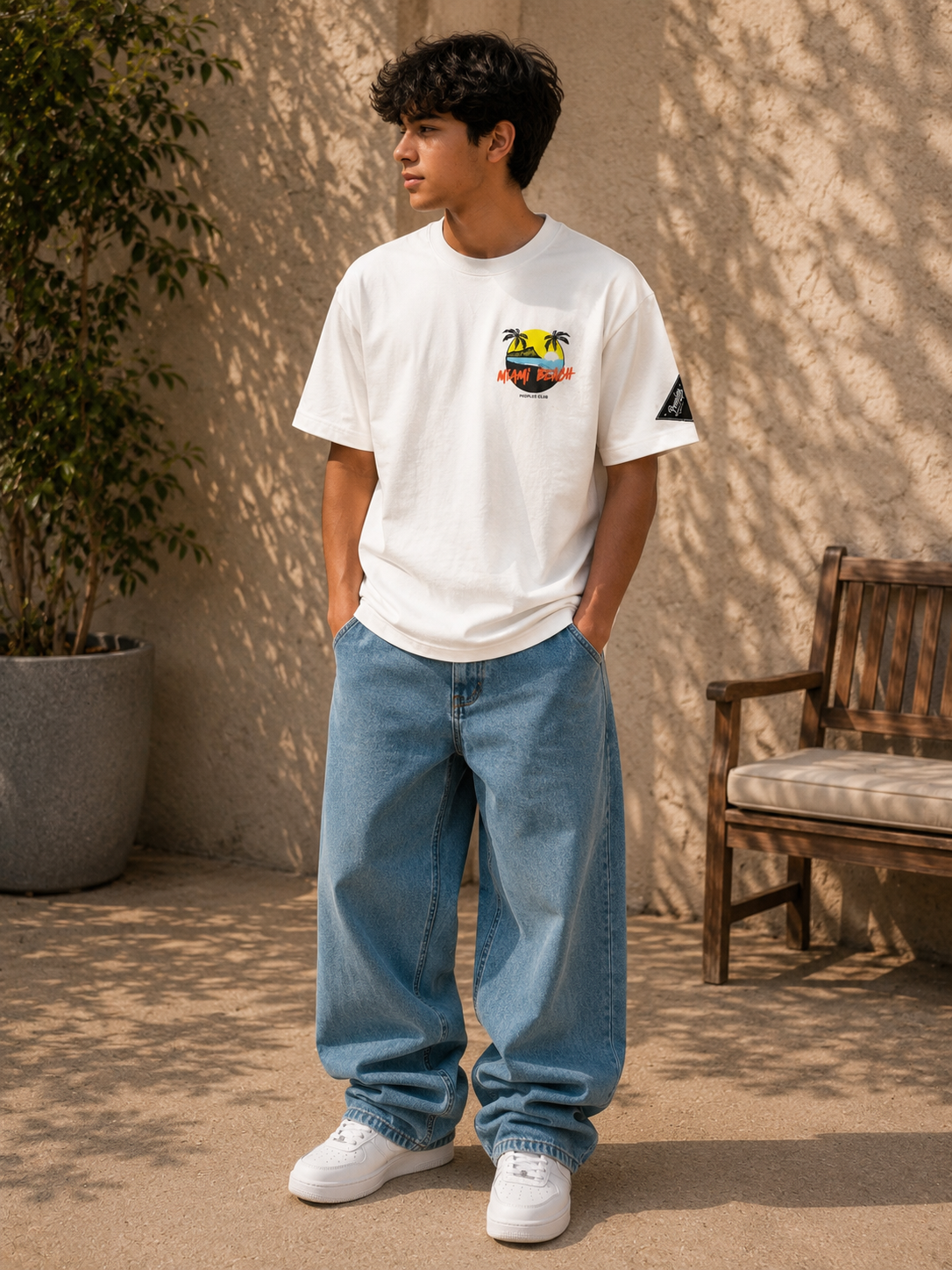 Miami Beach Graphic Drop Shoulder T-Shirt – White