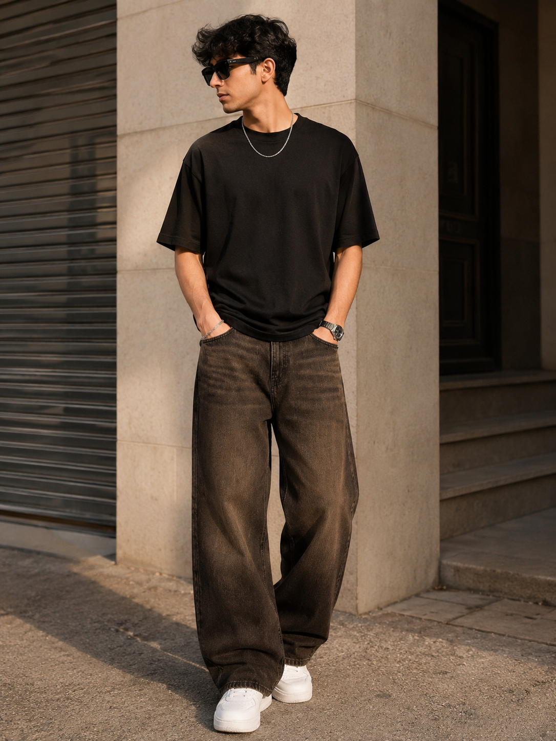 Men's Brown Baggy Jeans – Loose Fit Stretch Denim