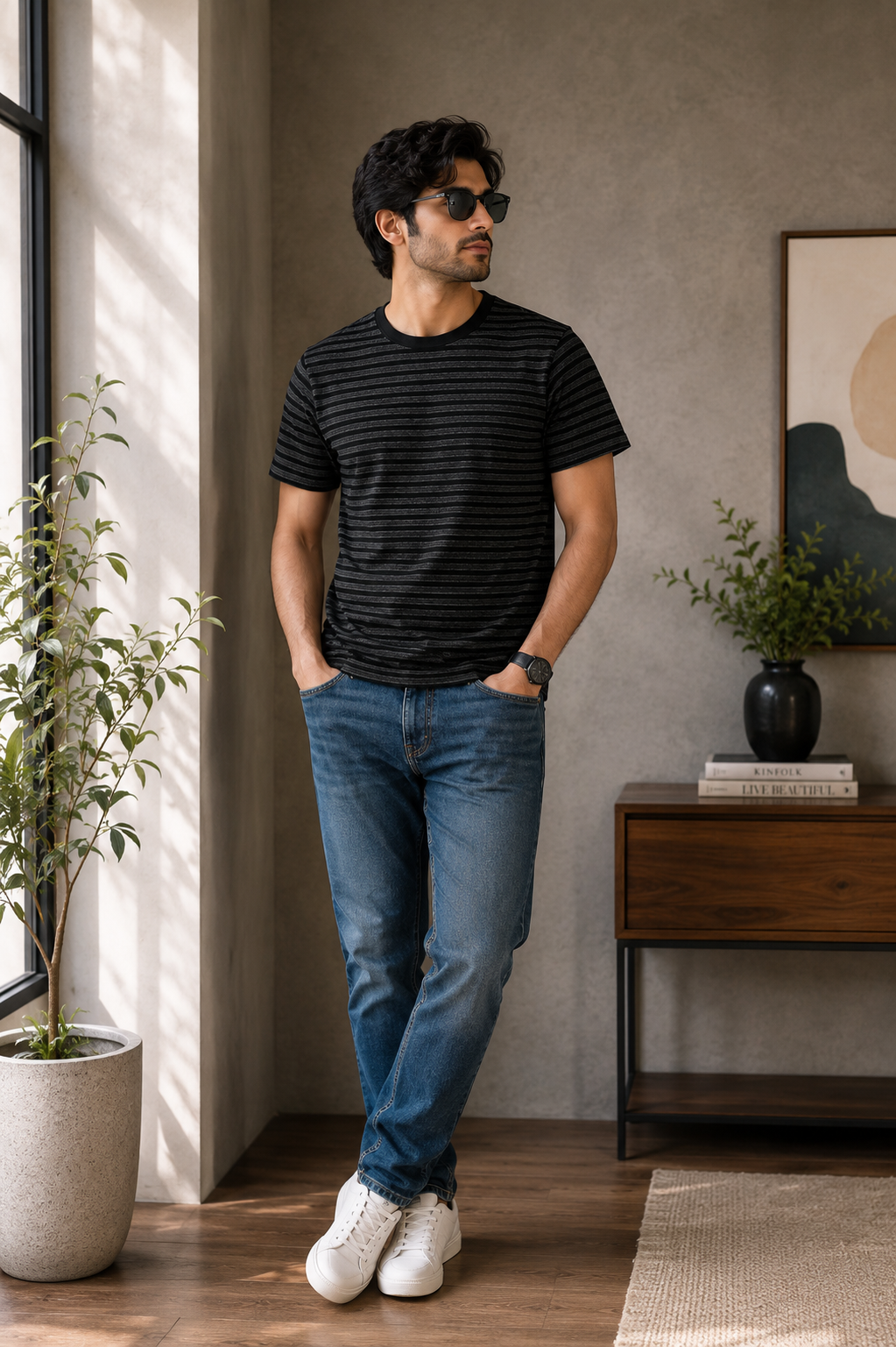 Men's Black Striped Classic Tee
