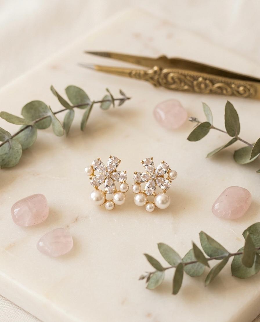 Pearl Blossom Crystal Studs ✨🌸