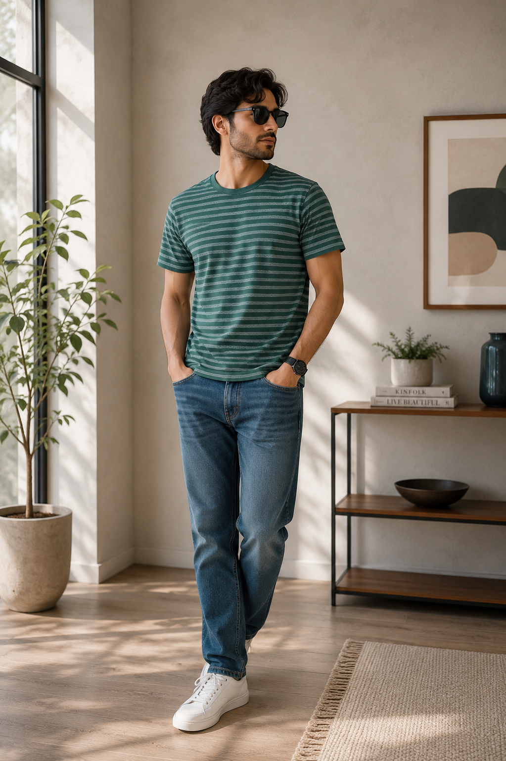 Men's Green Striped Crew Neck T-Shirt